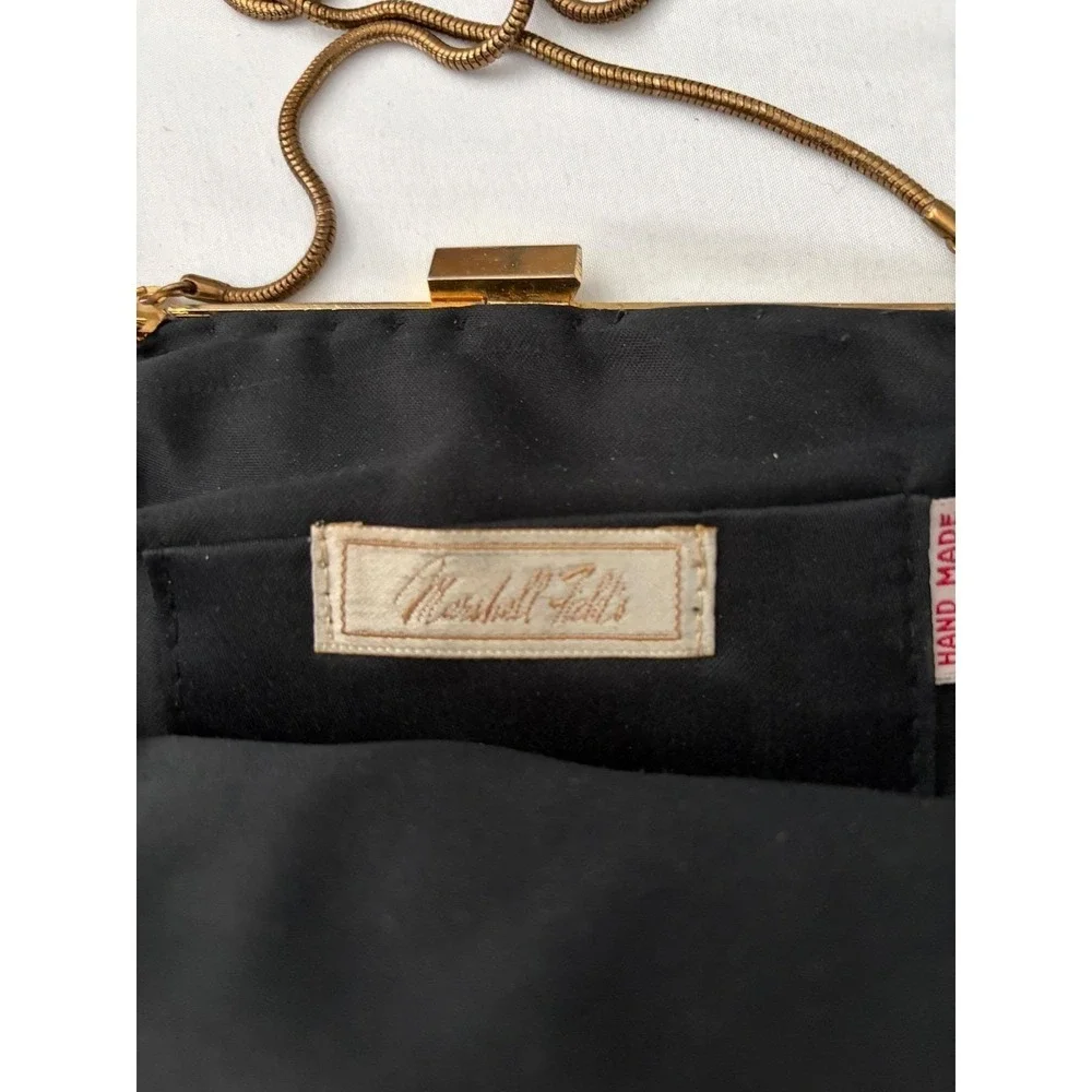 Vintage Marshall‎ Fields Black Beaded Clutch Hand Made Evening Bag Gold Chain
